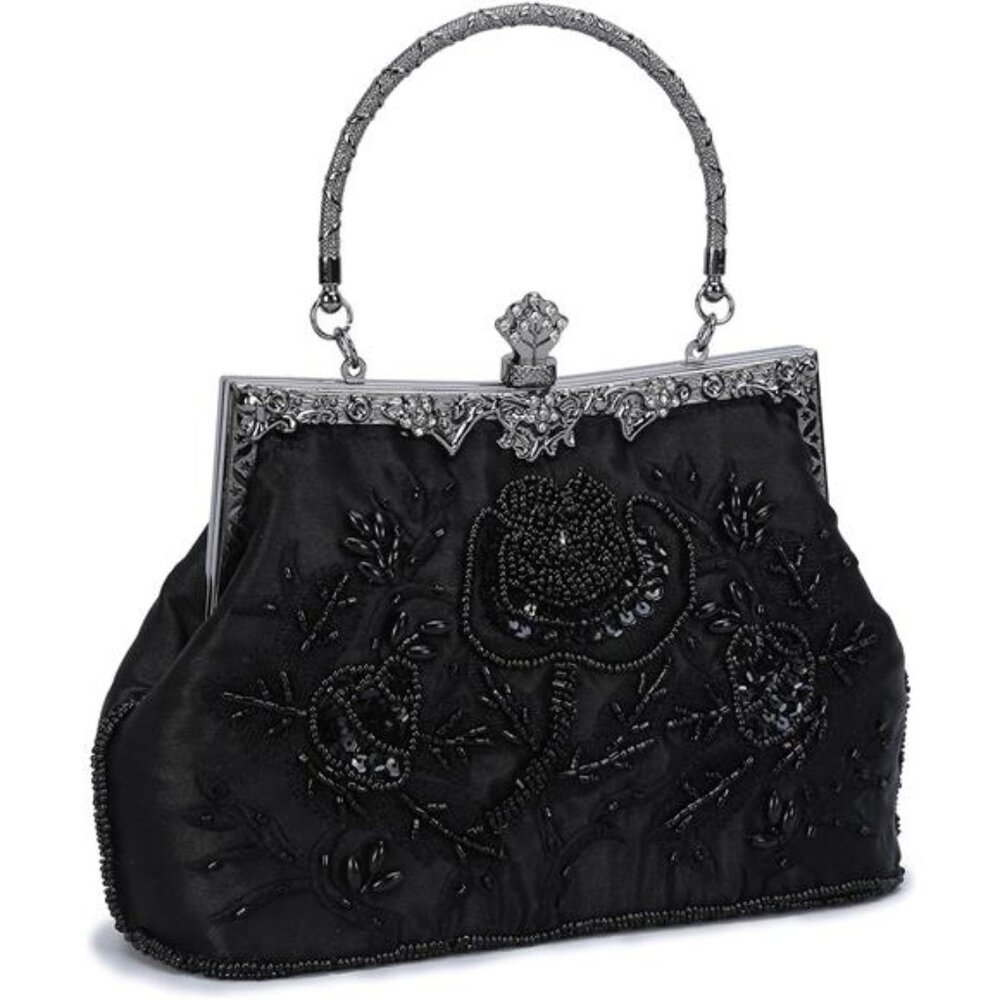 Women's Embroidered Beaded Sequin EveningClutch Large Wedding PartyPurse Vintage